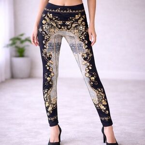 Baroque-Inspired Black & Gold Slim Leggings